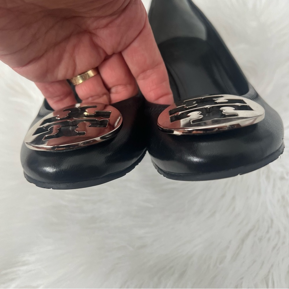 Tory Burch Sally Wedge Black and Silver Heels with Metallic Emblem - Picture 9 of 13